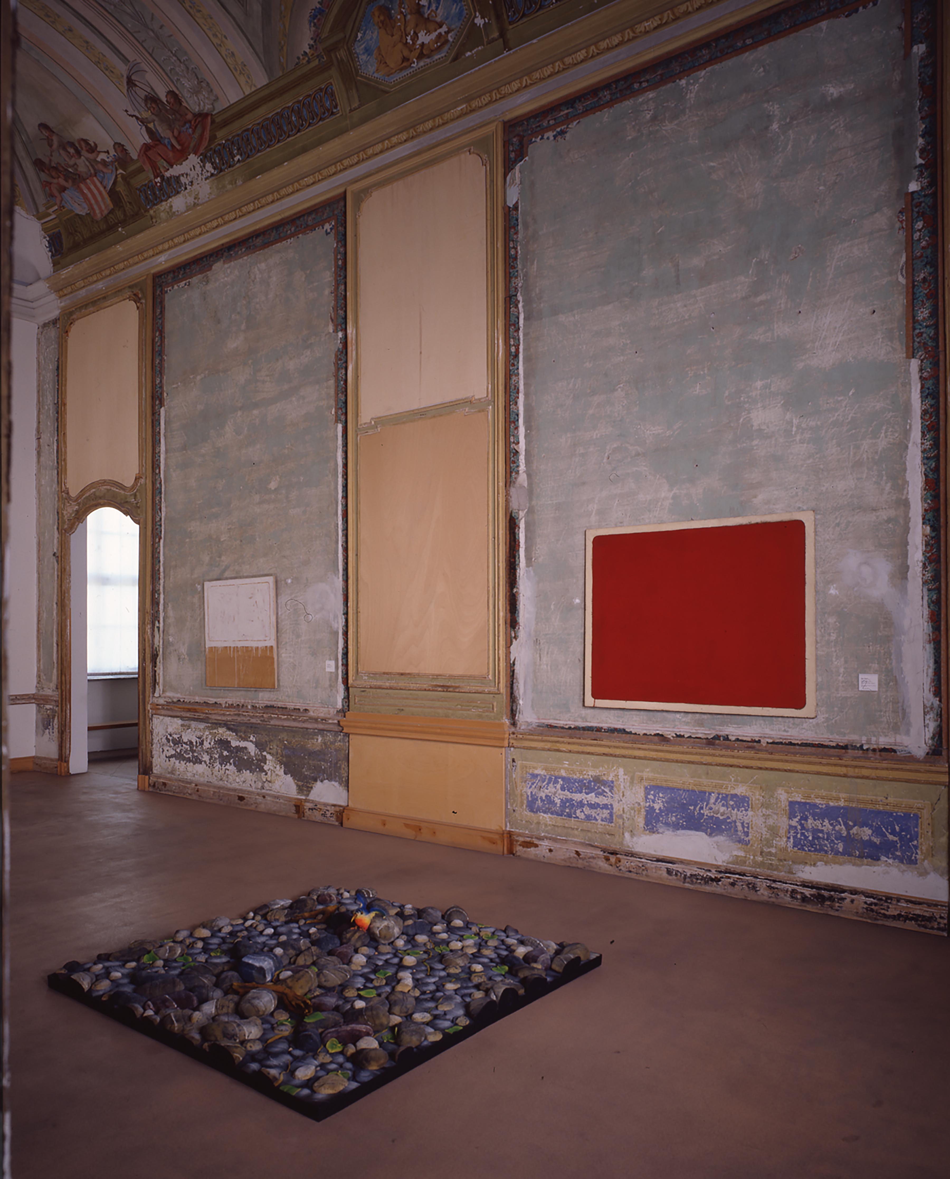 Mario Schifano, Botticelli n. 2, 1962 e Isola di Capri, 1960; Piero Gilardi, Greto di torrente, 1967